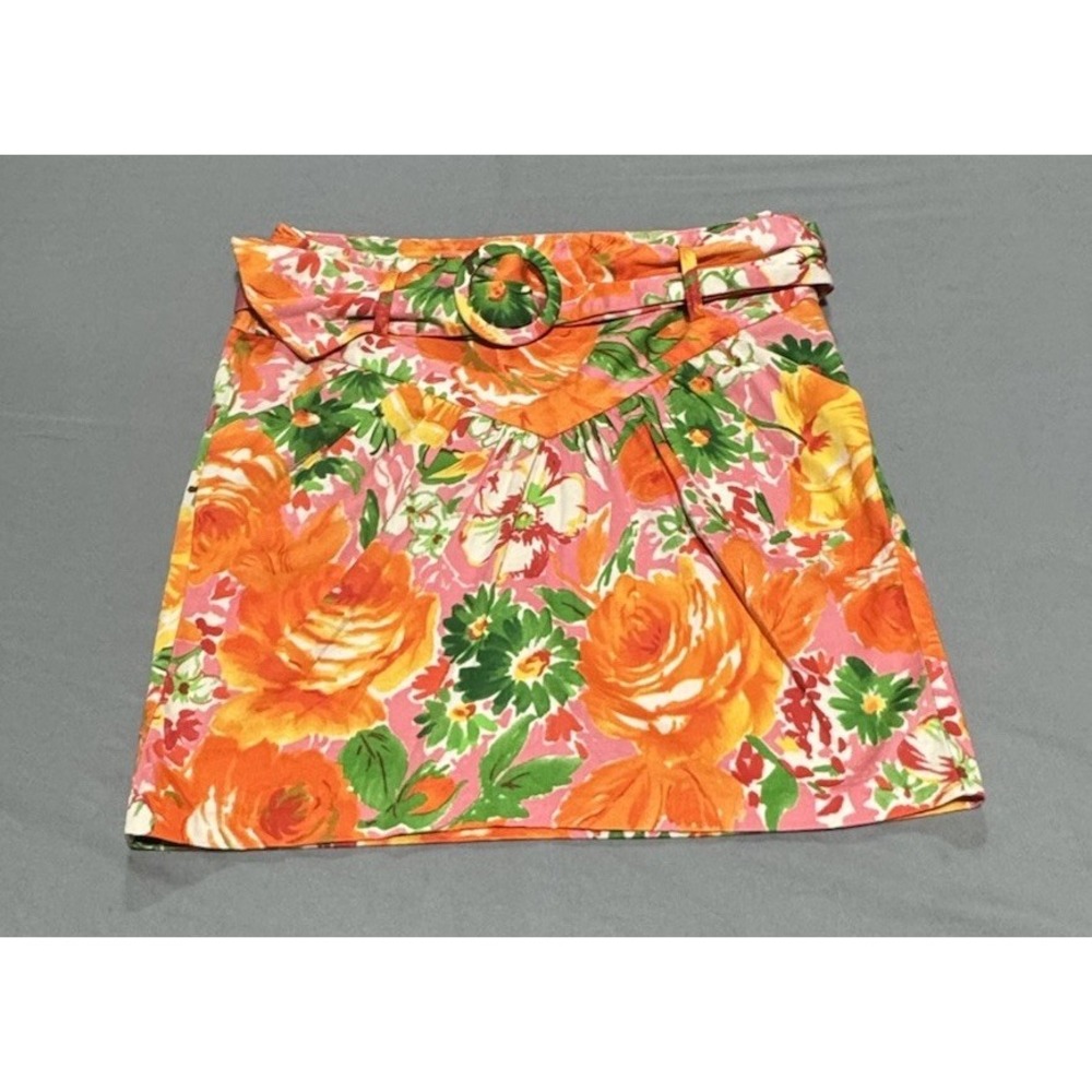 Zara Floral Mini Skirt Womens Medium Belted Pockets 80s 90s Retro Pink Orange